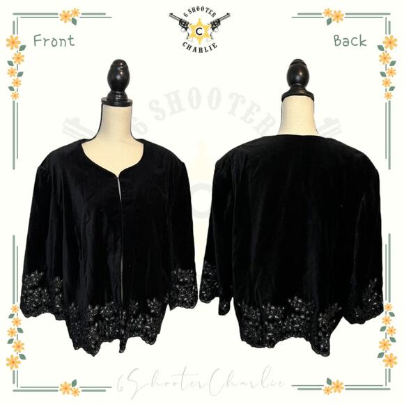 Peter Nygard Jacket Womens 22 Black Velvet Embroidered Jacket Coat Hook Eye - Picture 1 of 7